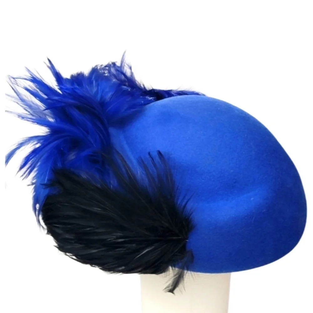 MR. JOHN 1950s Wool Couture Hat Blue Feather Fascinator Vintage Old Hollywood